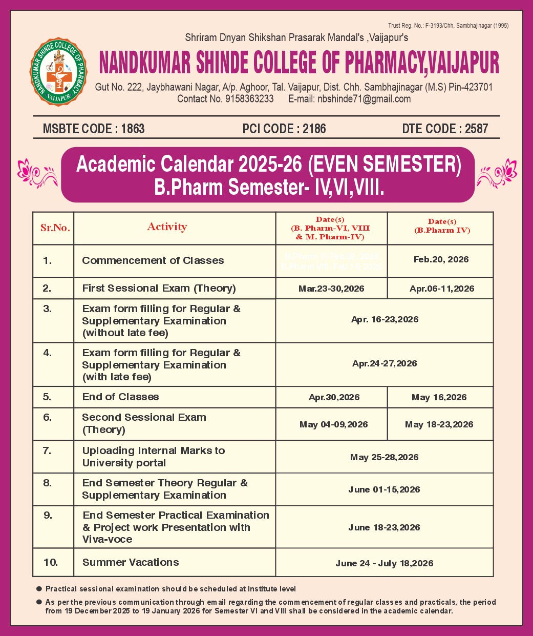 B.Pharm (Even Semester) Academic Calendar 2025-26